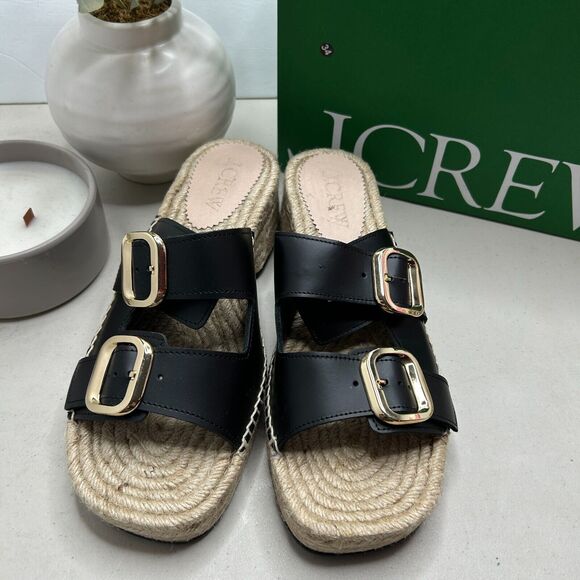 J. Crew Block-Heel Espadrille Sandals Leather Raffia Slip-on Black Women's 9 NWB - Picture 3 of 12